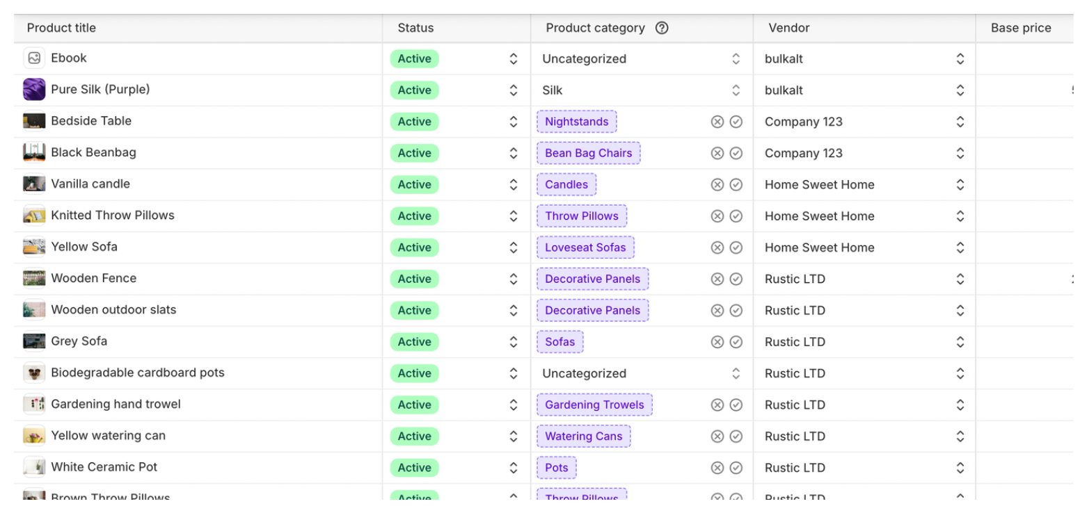 Shopify bulk editor used to update product SEO fields across multiple items.