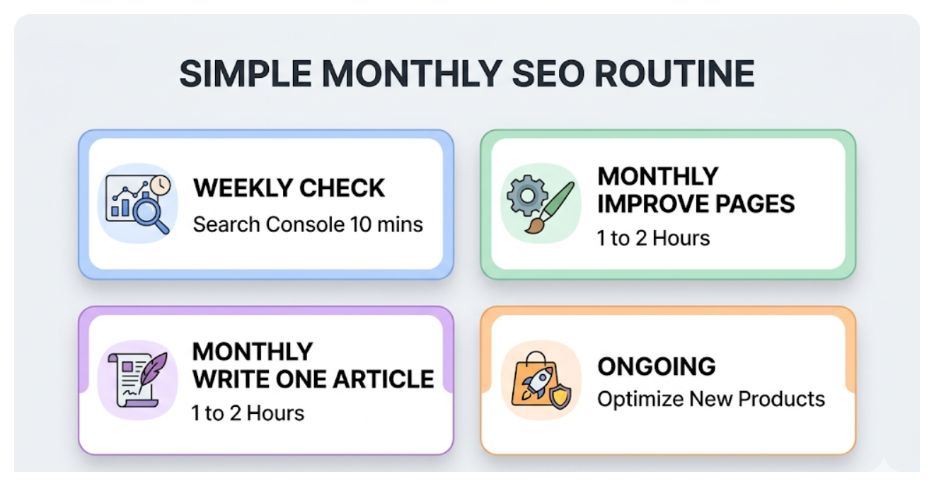 Monthly Shopify SEO routine showing weekly checks monthly page improvements content creation and ongoing product optimization