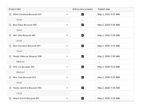 Shopify bulk editor with multiple products and scheduled publish date column visible