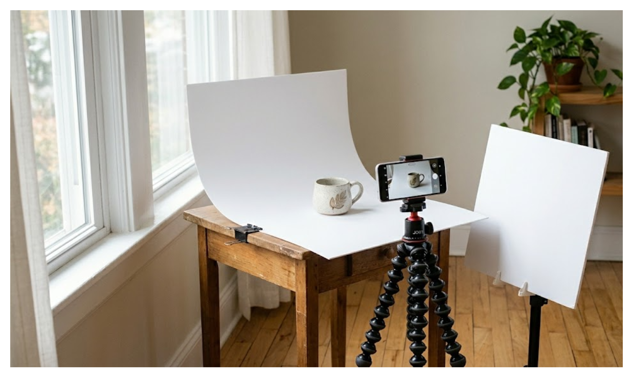 Simple home product photography setup with window light, white backdrop, tripod, and reflector for consistent ecommerce images