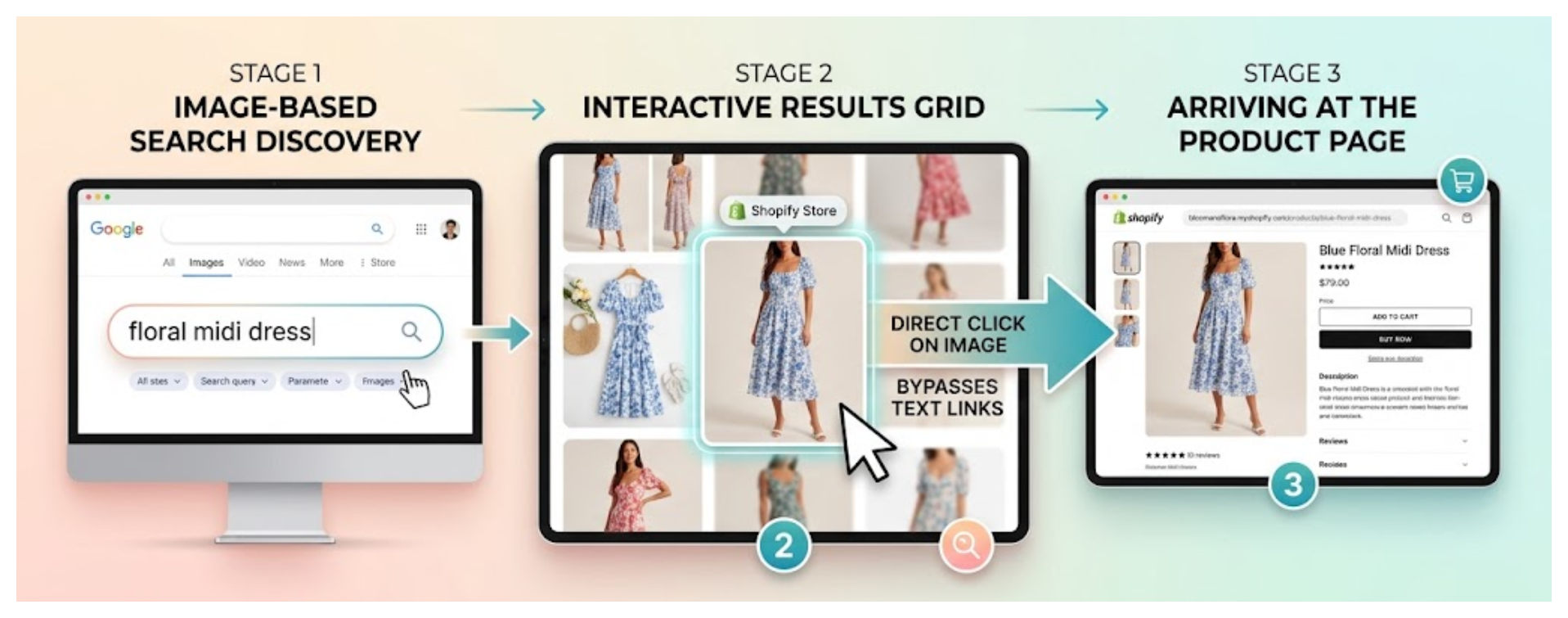 User journey showing how a shopper clicks a product image from search results and lands on a Shopify product page