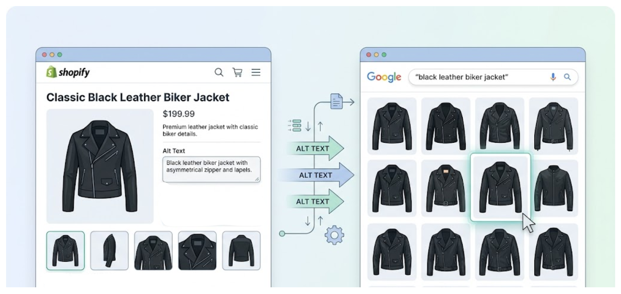 Flow diagram showing Shopify product images with alt text leading to visibility in Google Images search results