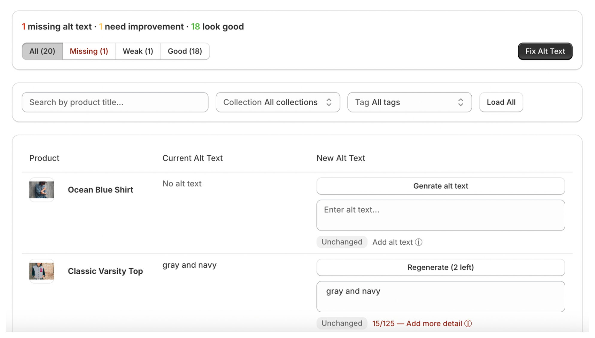 Structured table system for generating consistent Shopify product image alt text using product name and image type