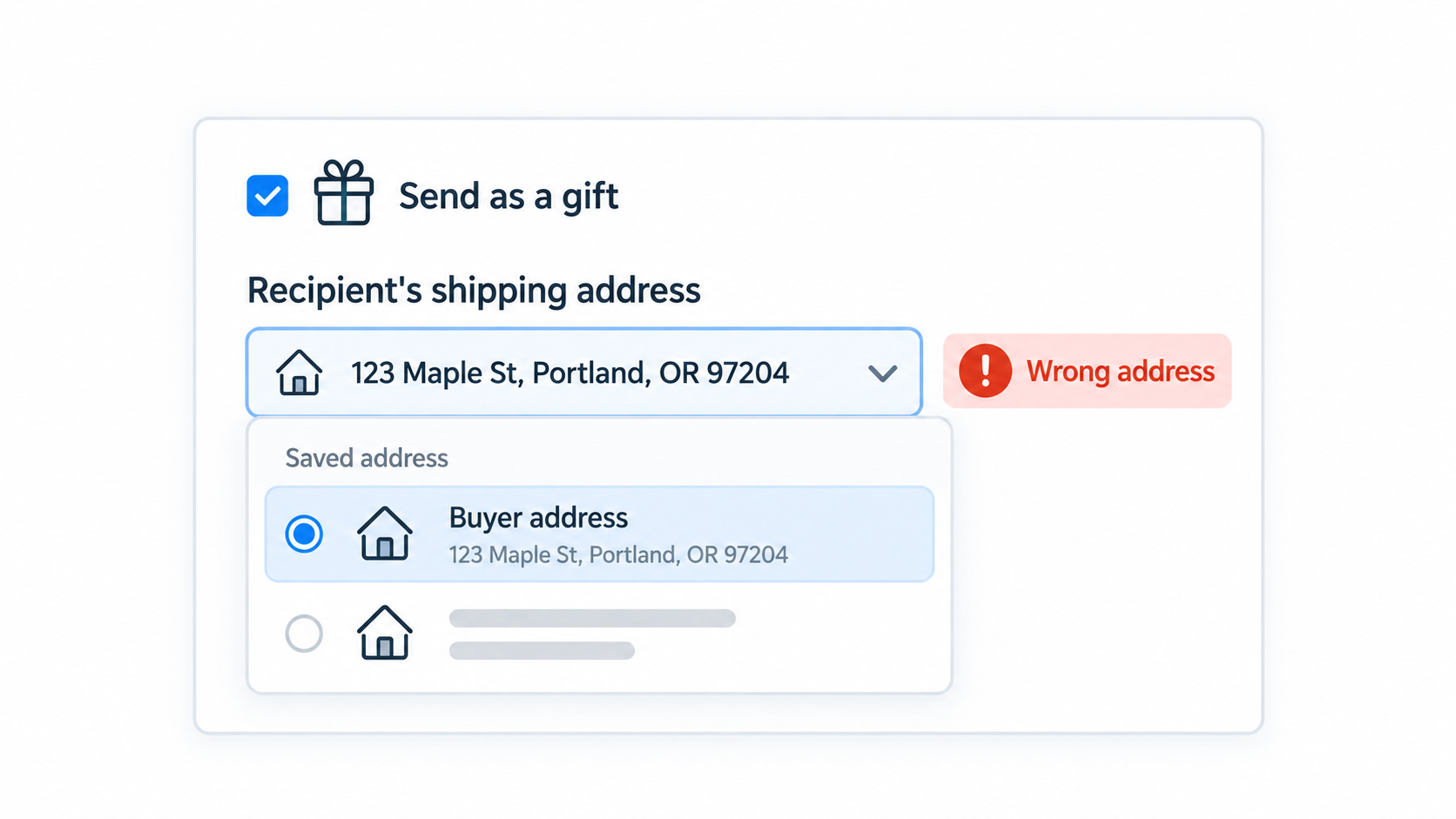 Shopify gift order where a saved buyer address is replaced with the recipient's address