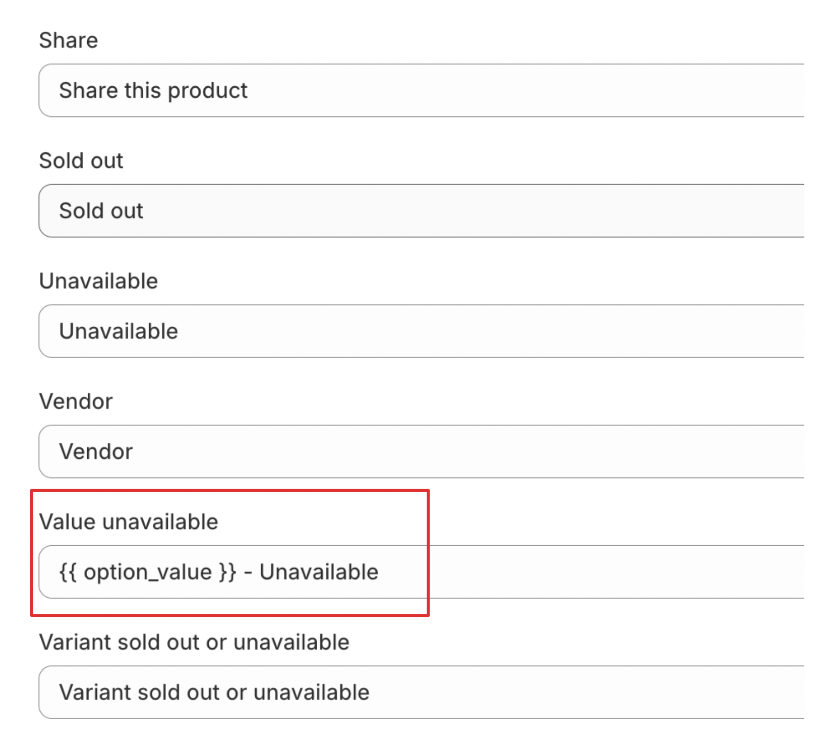 Value unavailable field in Shopify theme content editor