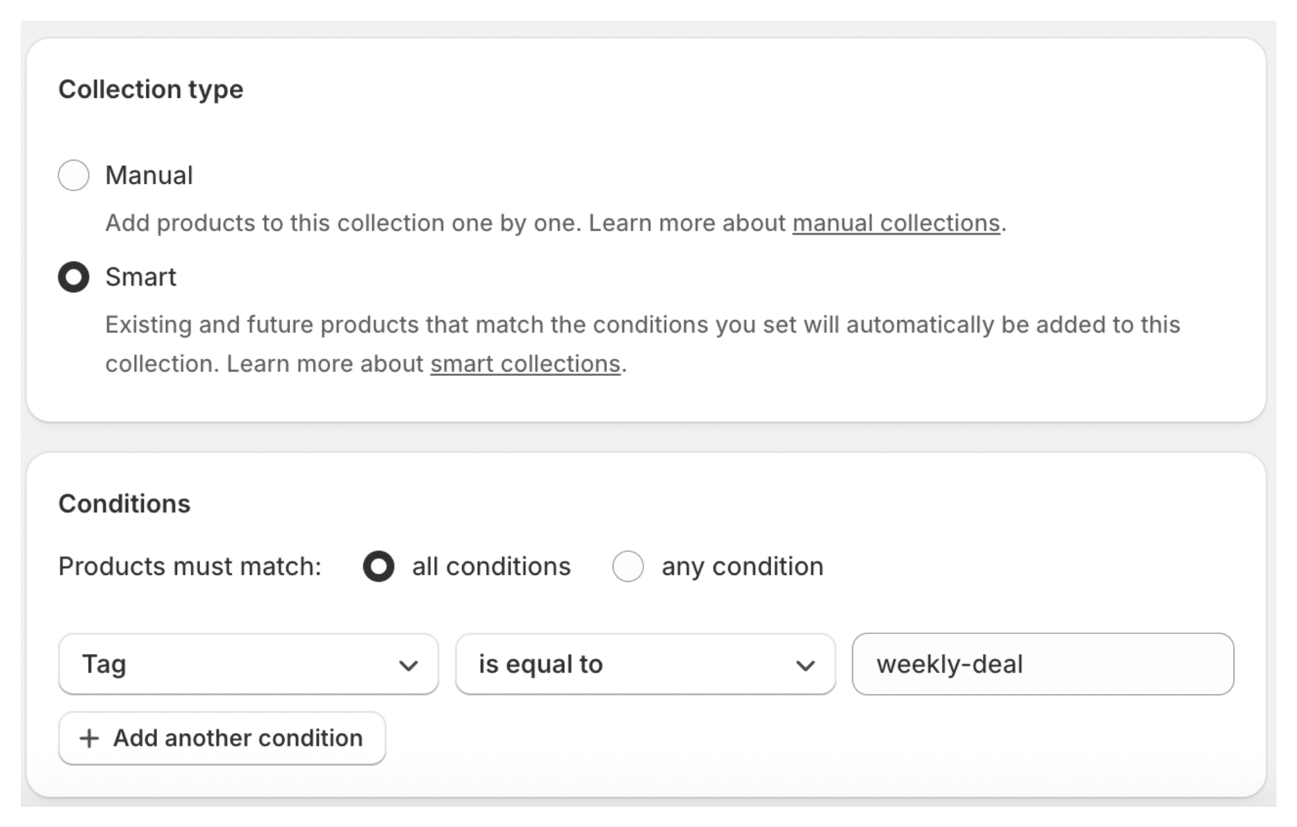 Automated collection using tag condition for weekly deals