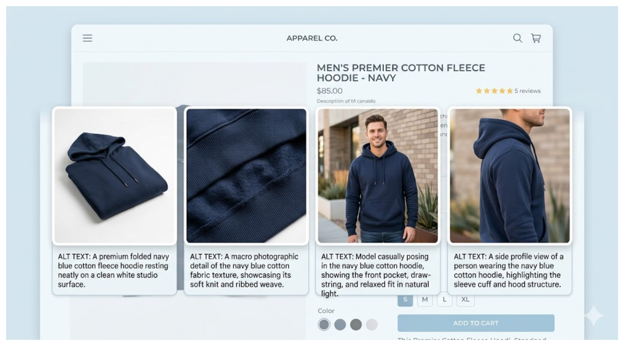 Product gallery showing multiple images of a hoodie with unique alt text for each image