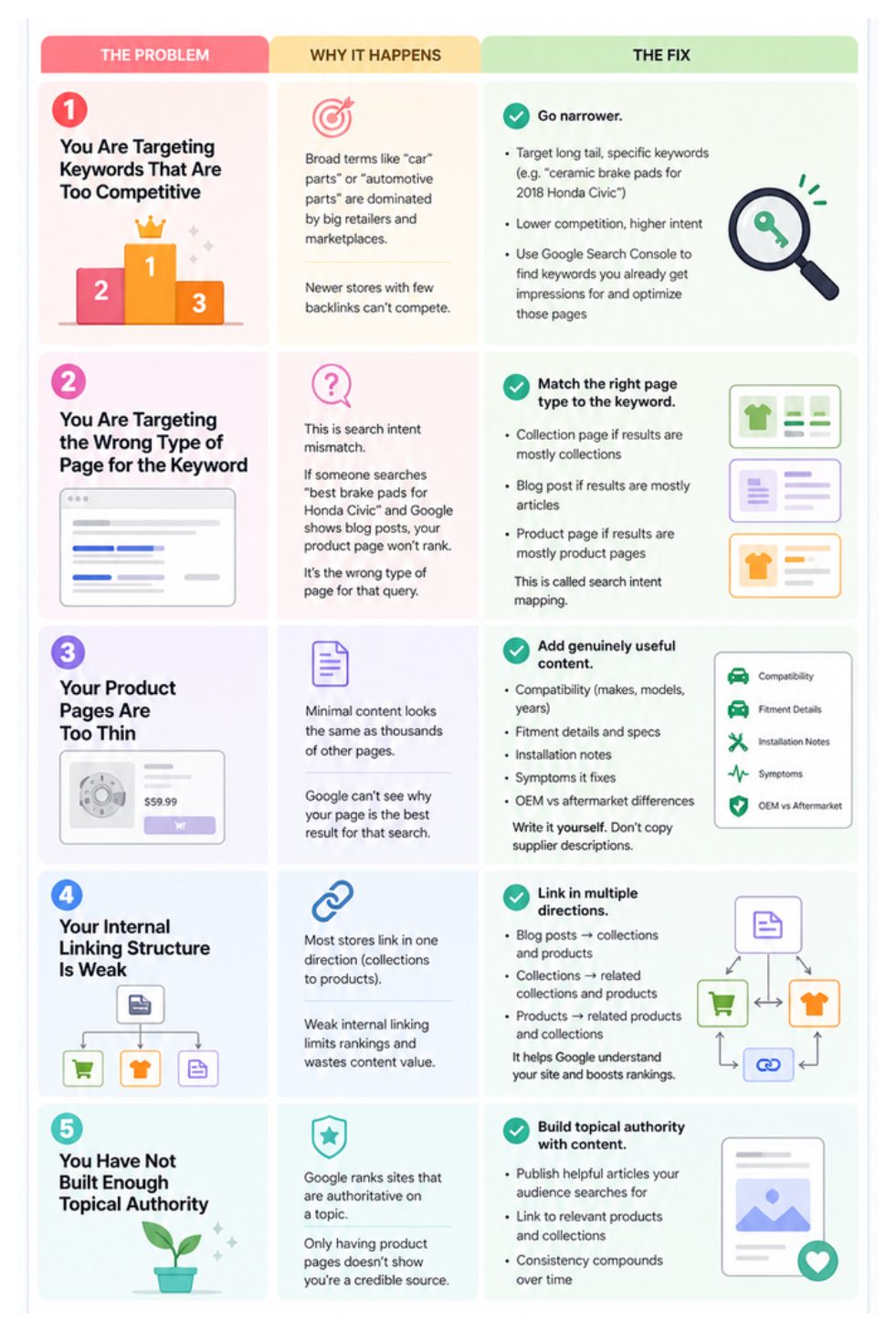 Infographic showing five reasons Shopify SEO stalls and actionable fixes to grow traffic