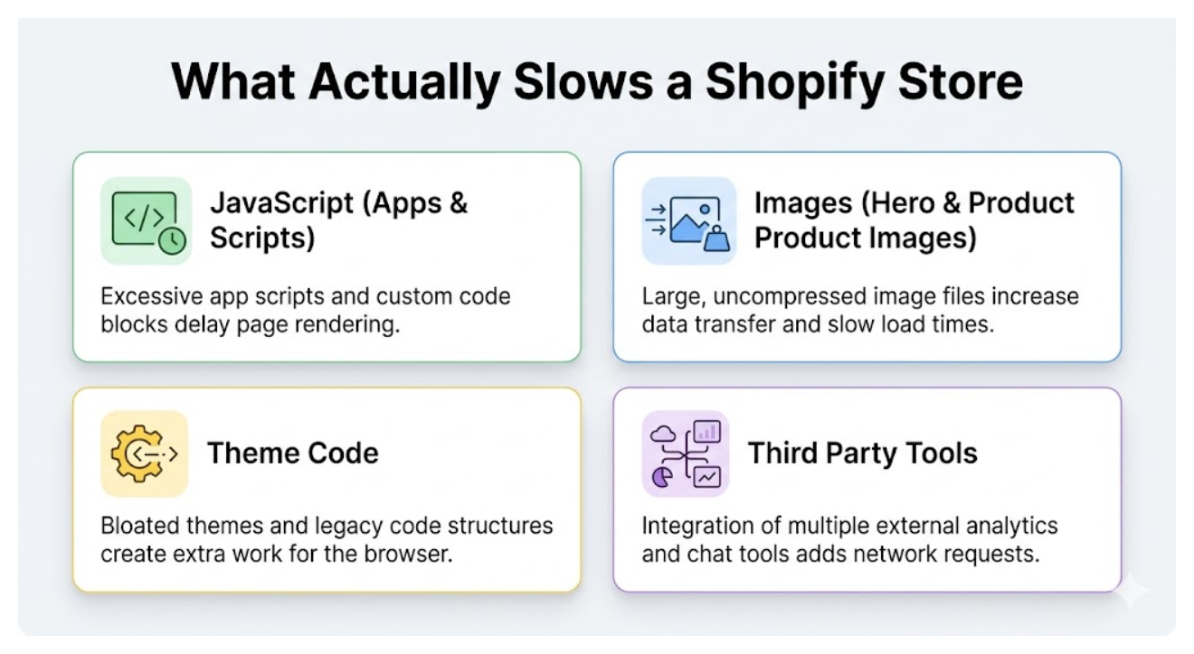Infographic showing the main factors that slow down a Shopify store including JavaScript, images, theme code, and third party tools