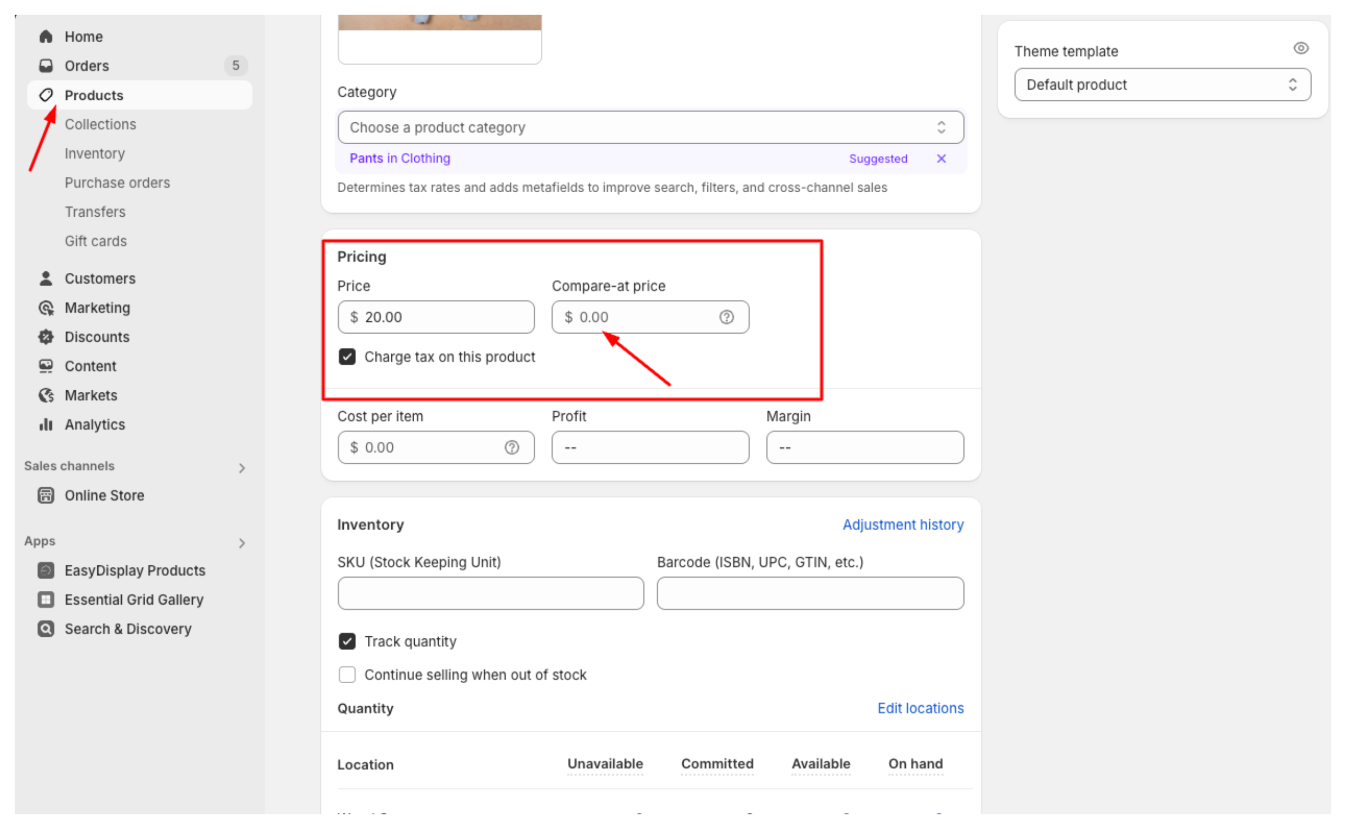 Compare at price field in Shopify product admin