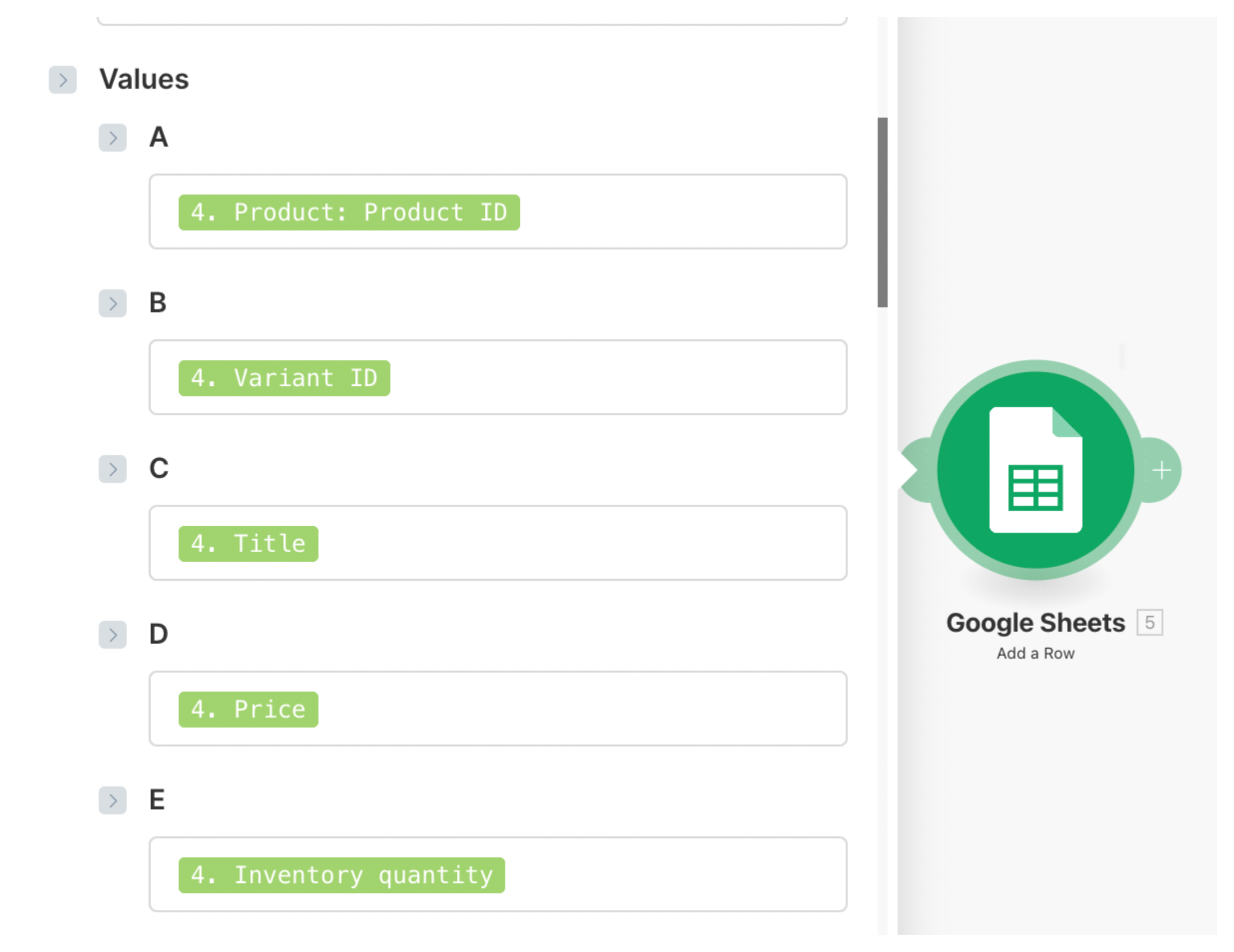 Add a Row module writing to Google Sheets